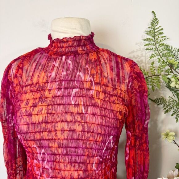 Free People Hello There sheer ruched mock-neck top red orange mesh | medium - Picture 4 of 13